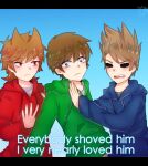  3boys animification antenna_hair blue_hoodie brown_eyes brown_hair commentary derivative_work drawstring edd_(eddsworld) eddsworld english_commentary english_text fang flipped_hair frown gradient_background green_hoodie grey_shirt hair_behind_ear hair_ears hollow_eyes hood hood_down hoodie letterboxed light_blush long_sleeves looking_at_viewer male_focus molechan multiple_boys open_mouth pushing red_eyes red_hoodie screenshot_redraw shirt short_hair signature simple_background smile spiked_hair swept_bangs tom_(eddsworld) tord_(eddsworld) upper_body white_shirt wide-eyed 