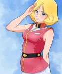  1girl absurdres arm_behind_back armpit_crease bare_arms belt black_belt blonde_hair blue_eyes breasts commentary gundam high_collar highres jacket kobakin looking_at_viewer medium_breasts mobile_suit_gundam pants parted_lips pink_jacket salute sayla_mass short_hair sleeveless sleeveless_jacket smile solo upper_body white_pants 