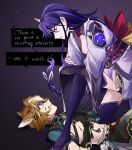  1boy 1girl absurdres angry animal_ears back_bow bleeding blood blood_on_arm blood_on_face blunt_bangs bow braid breasts brown_hair cleavage clenched_teeth crop_top cuts deep_wound defeat dog_boy dog_ears english_commentary english_text expressionless from_side genshin_impact girl_on_top gorou_(genshin_impact) green_eyes guro hair_between_eyes hair_ornament highres injury japanese_clothes kimono large_breasts leaning_forward lingerie long_braid long_hair looking_up lying mrkotittt multicolored_hair navel neck_ribbon off_shoulder on_back on_one_knee purple_eyes purple_hair purple_kimono purple_thighhighs raiden_shogun red_ribbon red_sash ribbon ryona sash scared scratches shaded_face short_sleeves single_braid speech_bubble stomach streaked_hair tearing_up teeth thighhighs underwear upper_body 