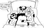 2024 after_sex anthro bear bed bed_sheet bedding belladonna_(tegerio) breasts deer dialogue english_text eyes_closed female fingers fur furniture giant_panda group hair half-closed_eyes high-angle_view hooved_fingers hooves male mammal narrowed_eyes navel nipples nude nude_female nude_male open_mouth pillow procyonid raccoon steviemaxwell tegerio text trio