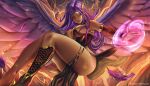 armpits atyra_(tonyra) boots bracelet breasts cast character_request feathered_wings feathers fire floating floating_hair hair_ornament invisible_chair jewelry knee_boots large_breasts leg_tattoo long_hair looking_at_viewer looking_down orange_eyes original patreon_username pelvic_curtain purple_feathers purple_hair ring sideboob sidelocks sitting tattoo tonyra wings 