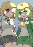  +_+ 2girls angol_mois blonde_hair cardigan commentary_request green_hair grey_background hat highres honnoring jacket kemono_friends kemono_friends_3 keroro_(kemono_friends) keroro_gunsou looking_at_viewer multiple_girls neck_ribbon necktie ribbon school_uniform shirt short_hair simple_background skirt star_(symbol) yellow_eyes 