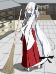 1girl akimus0809 alternate_costume bamboo_broom black_eyes black_ribbon blurry blurry_background box breasts broom butterfly_hair_ornament closed_mouth commentary_request dated donation_box echidna_(re:zero) ema from_behind full_body hair_between_eyes hair_ornament hair_ribbon hakama hakama_skirt highres holding holding_broom japanese_clothes kimono kouhaku_nawa long_hair long_sleeves looking_at_viewer looking_back low-tied_long_hair miko outdoors ponytail re:zero_kara_hajimeru_isekai_seikatsu red_hakama ribbon rope sandals shide shimenawa shrine sidelocks skirt smile socks solo standing tabi very_long_hair white_hair white_kimono white_socks wide_sleeves zouri 