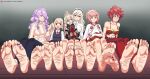  6+girls barefoot black_bow blonde_hair bow breasts camilla_(fire_emblem) cleavage commentary confettish drill_hair elise_(fire_emblem) english_commentary feet female_corrin_(fire_emblem) female_kana_(fire_emblem) fire_emblem fire_emblem_fates grey_hair hair_bow hair_bun hair_over_one_eye hairband half-siblings highres hinoka_(fire_emblem) japanese_clothes long_hair mother_and_daughter multiple_girls open_mouth pink_hair pointy_ears purple_eyes purple_hair red_eyes red_hair sakura_(fire_emblem) short_hair siblings single_hair_bun sisters soles toes twin_drills wavy_hair 