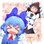  >_< 2girls ascot black_bow black_bowtie black_skirt blue_bow blue_dress blue_hair bow bowtie breasts brown_hair cirno collared_shirt commentary_request detached_wings dress facing_viewer fang floral_background hair_bow hat ice ice_wings matty_(zuwzi) medium_breasts medium_hair multiple_girls outstretched_arms pinafore_dress pointy_ears pom_pom_(clothes) puffy_short_sleeves puffy_sleeves red_ascot red_eyes red_hat shameimaru_aya shirt short_sleeves skirt sleeveless sleeveless_dress spoken_blush spread_arms tokin_hat touhou white_shirt wings 