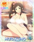  1girl barefoot bath bathtub blush border breasts brown_hair bucket card_(medium) character_name cleavage convenient_censoring game_cg green_eyes large_breasts long_hair looking_at_viewer murakumo_(senran_kagura) nude official_art senran_kagura senran_kagura_new_wave side_ponytail sitting solo steam steam_censor third-party_source towel towel_bow water wet wet_towel wooden_bucket 