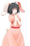  1girl :d ahoge animal_ears black_hair closed_eyes commentary_request cowboy_shot crote dress floppy_ears frilled_sleeves frills furrowed_brow hands_up highres inaba_tewi large_variant_set long_dress parted_lips pink_dress puffy_short_sleeves puffy_sleeves rabbit_ears rabbit_girl rabbit_tail red_ribbon ribbon ribbon-trimmed_dress ribbon_trim short_hair short_sleeves sleeve_ribbon smile solo standing tachi-e tail teeth touhou transparent_background upper_teeth_only variant_set 