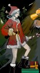  2girls belt black_boots blue_eyes blue_hair boots cerevevisiae christmas_present christmas_tree christmas_tree_costume fang from_side fur_trim gift grey_hair hand_on_own_hip hat highres jiangshi kaku_seiga looking_at_viewer miyako_yoshika multiple_girls open_mouth parted_lips red_eyes santa_costume santa_hat smile touhou 