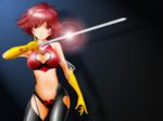  armlet asymmetrical_clothes asymmetrical_clothing bare_shoulders breasts choker cleavage cleavage_cutout crop_top cutie_honey cutie_honey_(character) gloves halter_top halterneck heart heart_cutout kisaragi_honey lens_flare looking_at_viewer magical_girl midriff navel re:_cutie_honey red_eyes red_hair samejima samejima_minoru short_hair sword weapon 