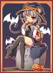 animal_ears baku-p basket bat black_dress black_legwear candy capelet coat crossed_legs dress food frame gem grave grey_hair halloween_costume hat jack-o'-lantern jewelry licking lollipop long_sleeves looking_at_viewer mouse_ears mouse_tail nazrin necklace no_shoes one_eye_closed open_clothes open_coat orange_eyes pendant short_hair sitting smile solo tail thighhighs tombstone tongue tongue_out touhou zettai_ryouiki 