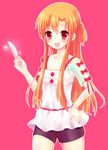  :d asuna_(sao) bad_id bad_pixiv_id bike_shorts blush hand_on_hip hasune holding holding_knife knife long_hair open_mouth orange_hair outline pink_background red_eyes simple_background smile solo sword_art_online 