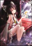  alternate_color bare_legs bare_shoulders bird black_eyes black_hair bow breasts detached_sleeves hair_bow hair_tubes hakurei_reimu highres long_hair m.u.g.e.n medium_breasts no_bra petals sideboob sitting soaking_feet solo touhou wangchuan_de_quanyan water white_sleeves 