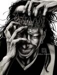  1boy arm_up black_hair brain clenched_teeth ear_piercing evil_grin evil_smile exposed_brain fingernails getou_suguru getou_suguru_(kenjaku) greyscale grin hand_on_own_face hand_on_own_head hand_up highres jujutsu_kaisen kenjaku long_hair looking_at_viewer male_focus maya_panda monochrome piercing plug_(piercing) portrait scalped smile solo stitched_forehead stitches teeth traditional_media twitter_username veins veiny_arms veiny_hands 