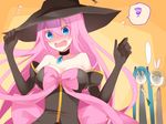  3girls bad_id bad_pixiv_id blue_eyes blush breast_envy breasts brooch elbow_gloves embarrassed gloves halloween hat hatsune_miku highres jewelry kagamine_rin large_breasts long_hair megurine_luka multiple_girls pink_hair spring_onion squiggle sweatdrop temari_(deae) vocaloid witch witch_hat yellow_background 