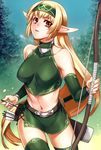  bare_shoulders blonde_hair bow_(weapon) breasts brown_eyes elf green_legwear hairband holding large_breasts long_hair navel original pointy_ears quiver solo thighhighs tsuki_tokage weapon 