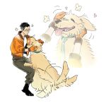  1boy black_hair bomber_jacket buzz_cut disco_elysium dog full_body glasses gloves green_necktie headpat highres jacket kim_kitsuragi male_focus necktie orange_gloves orange_jacket shirt short_hair sitting smile uni_barti very_short_hair white_shirt zooming_in 