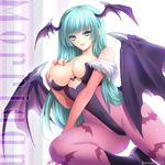  animal_print bad_id bad_pixiv_id bare_shoulders bat_print bat_wings blue_eyes breasts bururai character_name cleavage covered_navel demon_girl green_hair head_wings heart_cutout large_breasts legs leotard long_hair looking_at_viewer morrigan_aensland nail_polish pantyhose print_legwear purple_wings solo succubus thighs vampire_(game) wings 