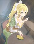  blonde_hair braid breasts cleavage green_eyes highres large_breasts leafa long_hair pointy_ears ponytail rikkukku sitting solo sword_art_online twin_braids 