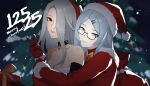  2girls absurdres alternate_costume blue_hair bow bowtie box christmas_tree commentary dated dress fur-trimmed_dress fur-trimmed_jacket fur_trim gift gift_box girls'_frontline gloves grey_eyes grey_hair hair_over_one_eye hat highres holding holding_gift hug hug_from_behind jacket lady_gray_(girls'_frontline) long_hair long_sleeves looking_at_viewer merry_christmas multiple_girls nele_(girls'_frontline) parted_bangs parted_lips red_dress red_gloves red_hat red_jacket santa_costume santa_dress santa_hat semi-rimless_eyewear smile symbol-only_commentary under-rim_eyewear upper_body v variasii yellow_bow yellow_bowtie yuri 