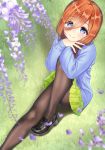  1girl ass bangs black_footwear blue_eyes blue_sweater blurry blush brown_legwear closed_mouth commentary_request depth_of_field eyebrows_visible_through_hair fine_fabric_emphasis flower flower_request from_above go-toubun_no_hanayome grass green_skirt hair_between_eyes highres knee_up loafers long_hair long_sleeves looking_at_viewer mimikaki_(men_bow) miniskirt nakano_miku orange_hair pantyhose petals pleated_skirt purple_flower shadow shoes skirt sleeves_past_wrists smile solo sweater thighband_pantyhose 