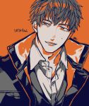  1boy a_nzi_end coat collared_shirt commentary_request fate/grand_order fate_(series) highres male_focus open_mouth orange_background orange_theme portrait saitou_hajime_(fate) shirt short_hair sideways_glance simple_background solo translation_request upper_body 