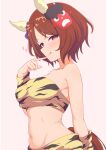  1girl absurdres animal_ears animal_print blush breasts brown_hair brown_tail commentary_request ear_covers flower-shaped_pupils flower_in_eye highres horse_ears horse_girl index_finger_raised large_breasts looking_at_viewer mask mask_on_head official_alternate_costume okomesuihanki oni_costume oni_mask pink_hair sakura_laurel_(oni_laurel)_(umamusume) sakura_laurel_(umamusume) setsubun simple_background smile solo strapless symbol-shaped_pupils symbol_in_eye tiger_print tube_top umamusume upper_body white_background yellow_tube_top 