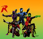  1girl 4boys armor batgirl batman_(series) boots brothers crossover damian_wayne dc_comics dick_grayson family gloves helmet jason_todd multiple_boys nightwing red_hood red_hood_(dc) red_robin robin_(dc) siblings stephanie_brown super_sentai tim_drake 