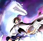  aosa_(michikusakan) black_hair brown_eyes cloak fangs keikain_yura nurarihyon_no_mago onmyouji open_mouth sharp_teeth shikigami short_hair skirt teeth wolf 