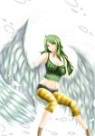  1girl breasts cleavage donquixote_pirates feathered_wings feathers green_hair harpy long_hair mikadorill monet_(one_piece) monster_girl one_piece punk_hazard shirt smile snow solo striped striped_legwear t-shirt wings 