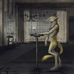  chair chandelier curtains digitigrade female glass inside looking_at_viewer mirror nude punisa sergal solo standing table yellow_body yellow_eyes 