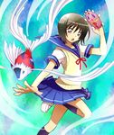  :o aosa_(michikusakan) black_hair brown_eyes fish keikain_yura nurarihyon_no_mago ribbon school_uniform serafuku shikigami short_hair skirt socks solo sweater_vest 