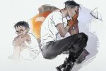  2boys aged_down bandaid bandaid_on_arm barefoot black_hair bomber_jacket child clenched_teeth crying crying_with_eyes_open curled_up disco_elysium dual_persona full_body glasses gloves hand_on_own_face highres hugging_own_legs jacket kim_kitsuragi looking_at_viewer multiple_boys orange_gloves orange_jacket shirt short_hair shorts tank_top tears teeth uni_barti unworn_jacket white_shirt white_shorts 