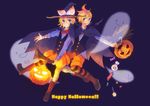  1girl blonde_hair blue_background blue_eyes boots brother_and_sister candy cape food fuji_fujino hair_ornament hairclip halloween happy_halloween hat jack-o'-lantern kagamine_len kagamine_rin pumpkin short_hair siblings smile striped thighhighs twins vocaloid witch_hat 