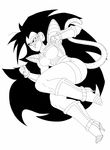  1girl animal_tail armor black_eyes black_hair breasts dragon_ball genderswap long_hair monochrome open_mouth raditz saiyan solo tail teeth white_background 