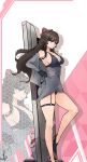  1girl abstract_background alt_text black_hair black_one-piece_swimsuit blue_eyes breasts cleavage commentary_request foot_out_of_frame from_side grey_jacket grey_skirt hair_intakes half_updo high-waist_skirt high_heels highres honeycomb_(pattern) honeycomb_background jacket korean_commentary large_breasts leg_up long_hair miniskirt one-piece_swimsuit open_clothes open_jacket open_mouth ronseun shadow shirayuki_hina skirt solo stellive swimsuit swimsuit_under_clothes thigh_strap virtual_youtuber zoom_layer 