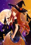  absurdres animal_ears bare_shoulders bat blush brown_hair castle dress ears_through_headwear full_moon halloween hat highres holo long_hair looking_at_viewer moon night red_eyes smile solo sparkle spice_and_wolf syrinxwell311 tail witch_hat wolf_ears wolf_tail 