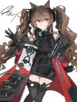  1girl absurdres alternate_breast_size_(larger) angelina_(arknights) animal_ear_fluff animal_ears arknights arknights:_endfield bare_shoulders belt black_gloves black_thighhighs breasts brown_hair character_name chinese_commentary coat commentary dated dress elbow_gloves fox_ears fox_girl gilberta_(arknights) gloves grey_dress headpiece high_belt high_collar highres impossible_clothes impossible_dress infection_monitor_(arknights) large_breasts lazy_eye light_blush long_hair long_sleeves looking_at_viewer off_shoulder open_clothes open_coat red_coat red_eyes short_dress sleeveless sleeveless_dress smile solo split_mouth thighhighs white_background yysine zettai_ryouiki 