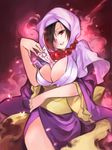  aura bad_id bad_pixiv_id beads between_breasts black_hair breasts cleavage cowboy_shot grin hair_over_one_eye hand_on_hip head_tilt highres holding hood japanese_clothes jewelry kimono large_breasts long_sleeves looking_at_viewer mole mole_under_eye necklace oboro_keisuke ofuda ookami_(game) parted_lips prayer_beads red_eyes sash side_slit smile solo tsuzurao wide_sleeves 