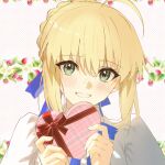 1girl artoria_pendragon_(fate) blonde_hair box box_of_chocolates commentary_request fate/stay_night fate_(series) green_eyes highres parted_lips polka_dot polka_dot_background saber_(fate) senmochi_02 shirt smile solo teeth upper_body valentine white_background white_shirt 