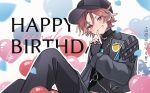  1boy balloon baseball_cap black_gloves black_hat black_jacket black_pants black_shirt chain chain_necklace character_name commentary_request crb2500 crop_top ensemble_stars! fingerless_gloves gloves hair_ornament hairclip hand_up happy_birthday harness hat heart heart_balloon highres index_finger_raised jacket jewelry long_sleeves looking_at_viewer male_focus necklace official_alternate_costume oukawa_kohaku pants pink_hair purple_eyes safety_pin shirt short_hair simple_background sitting smile solo talk_to_me_(ensemble_stars!) teeth white_background 