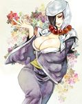  beads black_hair breast_hold breasts cleavage floral_background hair_over_one_eye hood japanese_clothes jewelry large_breasts necklace ookami_(game) parted_lips prayer_beads solo tsuzurao umeharu 