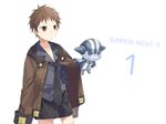  brown_eyes brown_hair hand_in_pocket male_focus necktie nup_martini oxo r_(summon_night) shorts simple_background summon_night summon_night_3 white_background 
