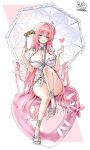  1girl absurdres bikini binoculars blush breasts choppy_bangs cleavage collar commentary dorothy_(nikke) dorothy_(serendipity)_(nikke) frilled_bikini frilled_collar frills goddess_of_victory:_nikke grin hair_between_eyes hand_up heart-shaped_innertube highres holding holding_binoculars ice_bear innertube large_breasts long_hair on_innertube one_side_up pink_hair purple_eyes sandals sitting smile solo swim_ring swimsuit two-tone_background umbrella very_long_hair white_bikini white_collar white_sandals white_umbrella 