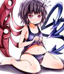  asymmetrical_wings barefoot black_hair blush collarbone darren heart heart-shaped_pupils houjuu_nue looking_at_viewer midriff navel purple_eyes school_swimsuit school_swimsuit_flap shirt_lift short_hair sitting smile solo sweat swimsuit symbol-shaped_pupils touhou wariza wings 