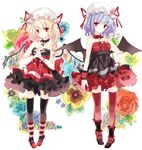  alternate_costume ankle_cuffs bad_id bad_pixiv_id bare_shoulders bat_wings blonde_hair blue_hair cierra_(ra-bit) dress flandre_scarlet flower hat hat_ribbon looking_at_viewer multiple_girls outline red_eyes red_legwear remilia_scarlet ribbon siblings side_ponytail sisters smile star striped thighhighs touhou wings wrist_cuffs 