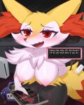 absurd_res anthro bedroom_eyes big_breasts blush blush_lines braixen breasts controller dukeofbananas erect_nipples female fluffy game_controller gamecube generation_6_pokemon genitals hi_res narrowed_eyes nintendo nintendo_controller nintendo_switch_2 nipples pokemon pokemon_(species) seductive solo standing vulva wii wii_remote