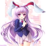  animal_ears bad_id bad_pixiv_id blazer breasts bunny_ears bururai jacket large_breasts long_hair necktie open_mouth purple_hair red_eyes reisen_udongein_inaba skirt smile solo touhou v very_long_hair 