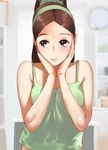  1girl bare_shoulders black_eyes black_hair blush breasts brown_hair hairband hands_on_own_face long_hair min-gook&#039;s_mother min-gook's_mother ponytail rumo smile solo tank_top 