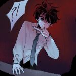  !? 1boy absurdres akinashi_haru black_hair black_pants blue_eyes blue_necktie breast_pocket commentary crying crying_with_eyes_open dress_shirt english_commentary gloom_(expression) hair_between_eyes highres implied_male_pregnancy long_sleeves male_focus necktie open_mouth pants peanut_mouth pocket pregnancy_test red_background saihate_eki shirt short_hair solo tears teeth tie_clip tosteurmori white_shirt 