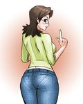  1girl ass black_eyes blush boongar boongari breasts brown_hair curvy dae-han&#039;s_mother dae-han's_mother denim from_behind glasses hips jeans large_breasts long_hair looking_back midriff milf pants pantylines smile solo 